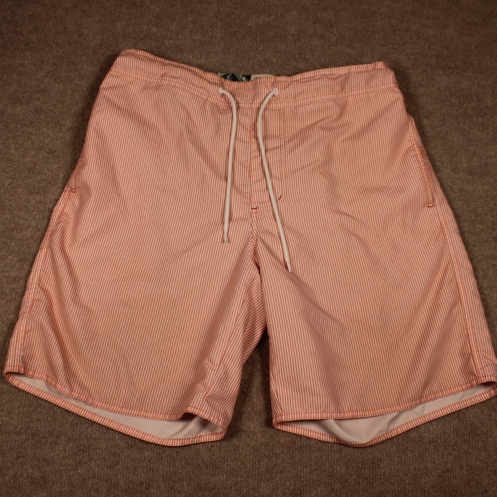St Johns Bay Mens Orange White Striped Swim Trunks Mesh Lined Size L